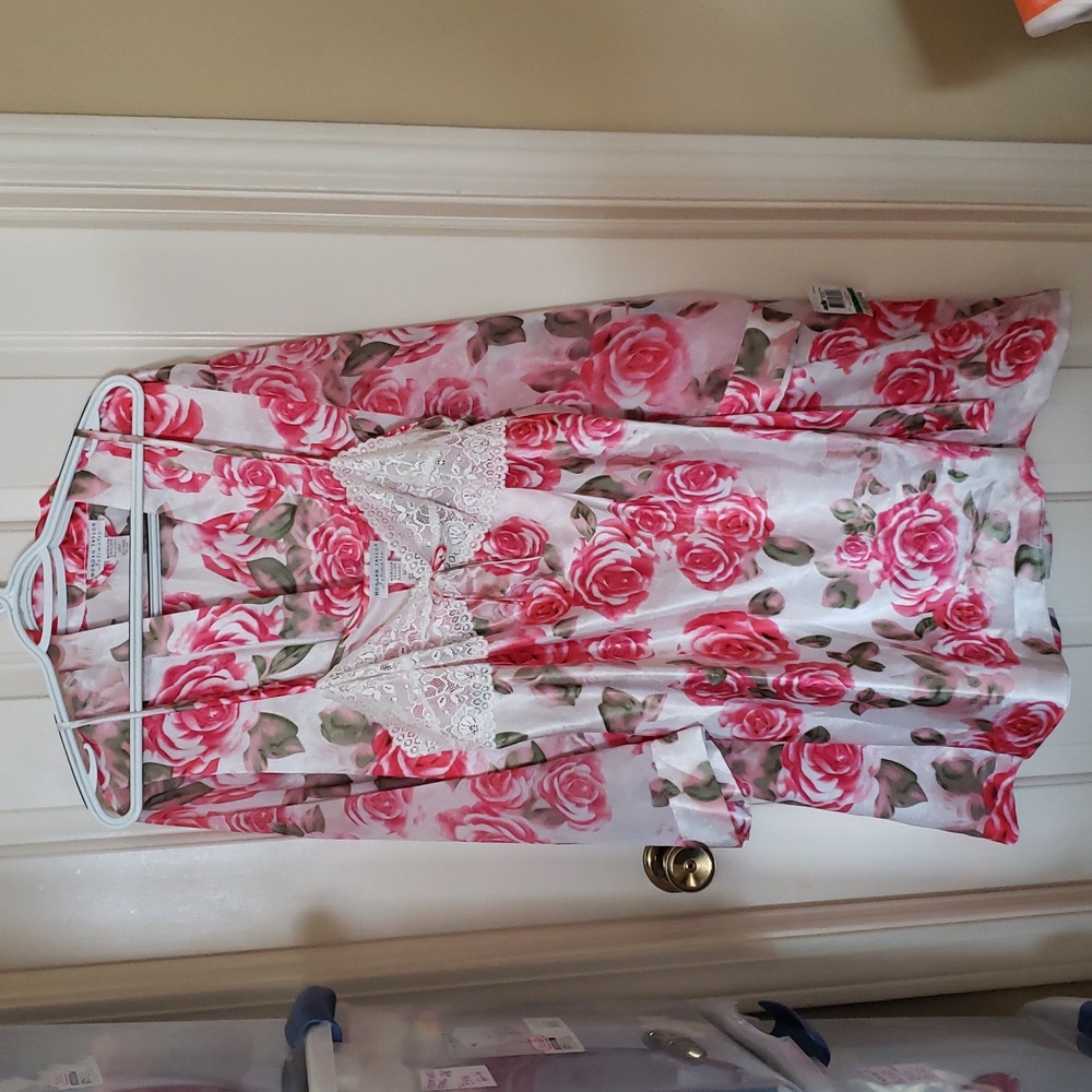 Morgan Taylor Pink Floral Rose Nuance Robe and Nightgown / Slip Set XL NWT